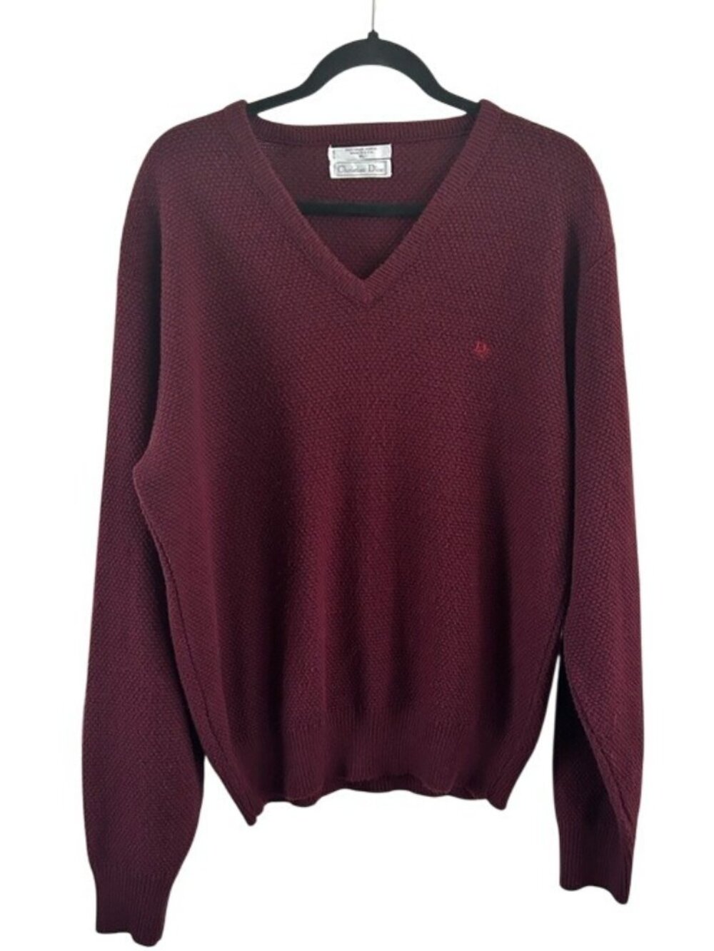 Dior Men's V-Neck Knit Sweater Burgundy Vintage Embroidered Logo XL Preppy